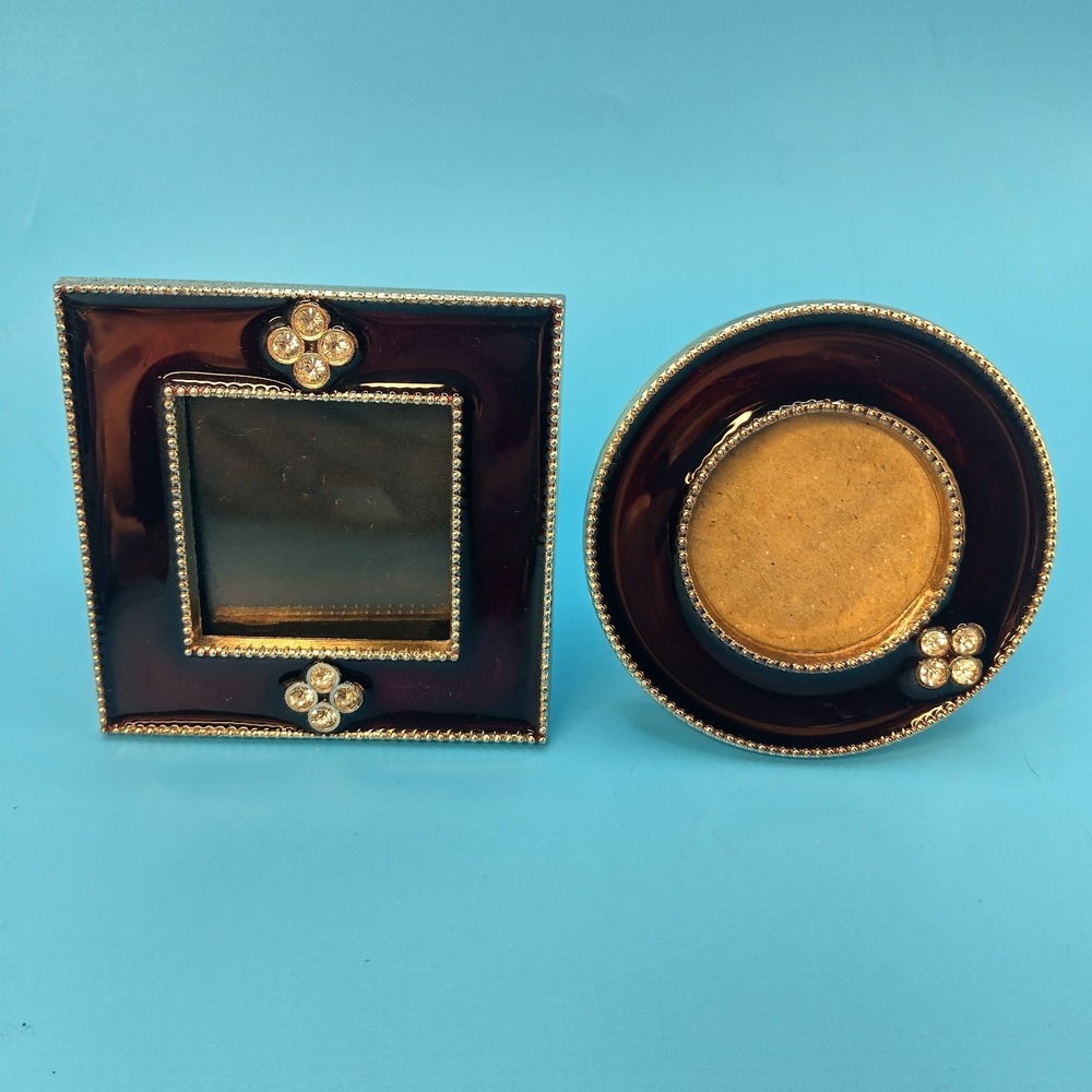 Decorative Mini Picture Frame & Trinket Dish Set Burgundy Gold Rhinestone Accent